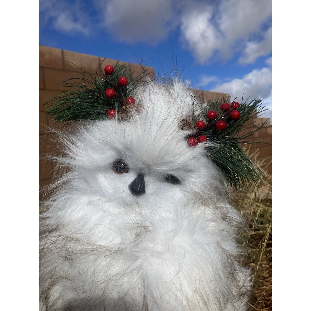 White Faux Fur Owl Christmas Figurine Pine Berry Woodland Holiday Decor 12”